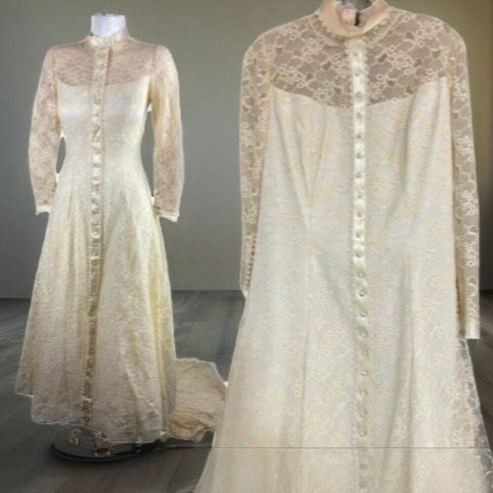 William Cahill 60’s-70’s Vintage Boho High Neck Buttons Train Lace Prairie Weddi